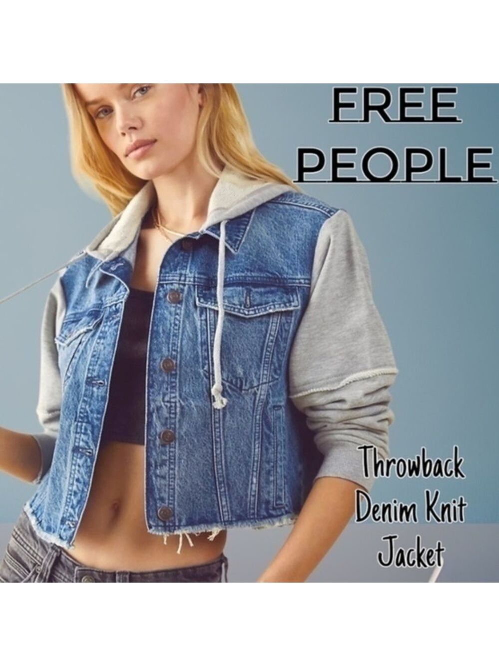 FREE PEOPLE Throwback Denim/Knit Hoodie Style Raw Hem Relaxed Crop Jacket-Md NWT - Picture 1 of 16